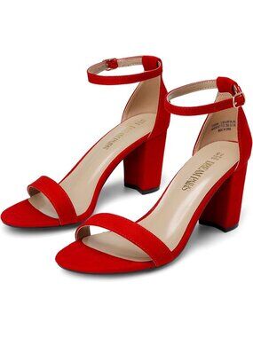 Women's All Red Comfortable Open Toe Ankle Strap Guest Chunky Block Heel Sandal